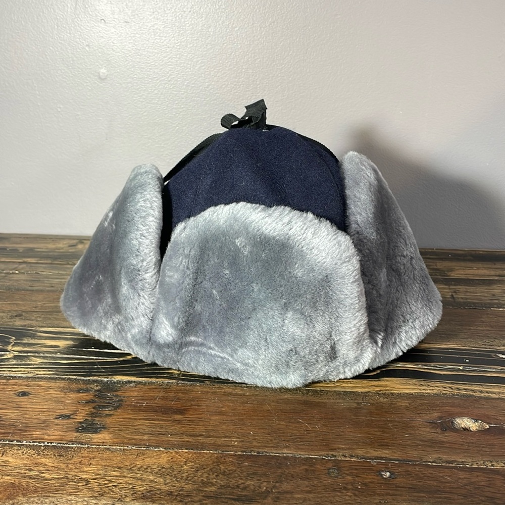 Gorgeous navy wool and grey sheepskin trappers hat. Measurements shown.